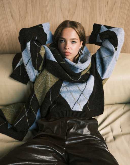 ASOS DESIGN - Sciarpa in maglia oversize marrone multicolore a losanghe