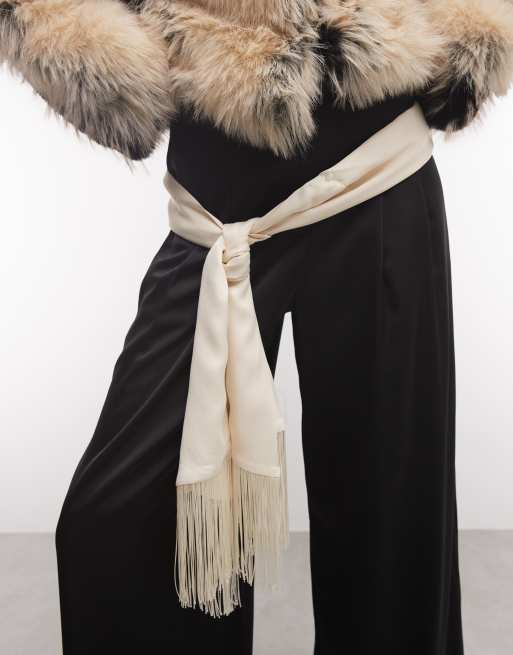 ASOS DESIGN sciarpa in raso con frange da annodare color crema, 3 di 4
