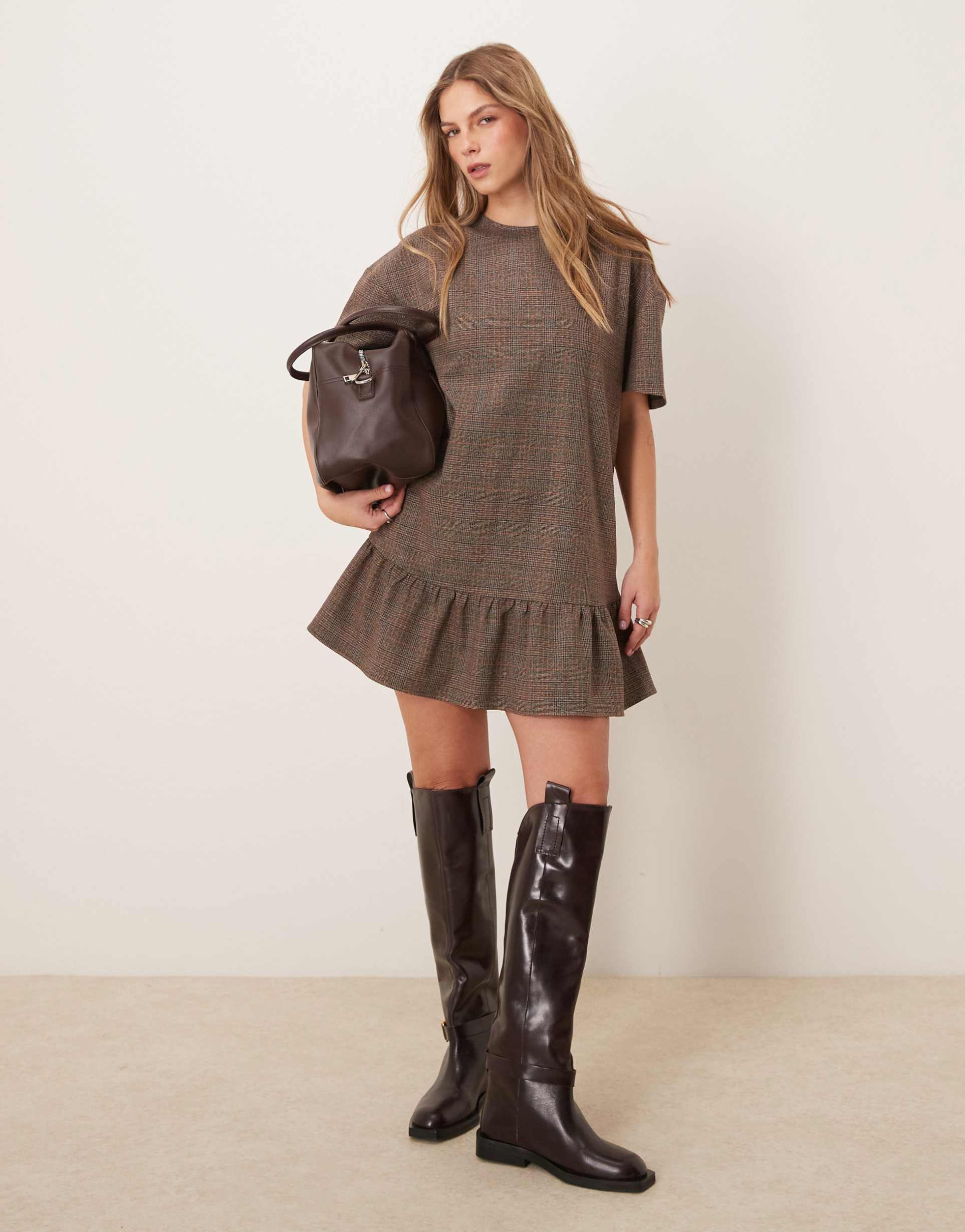 asos design scoop back buckle detail flippy hem mini dress in brown check print