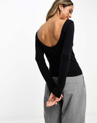 Asos Design Fine Knit Scoop Neck Long Sleeve Top In Black In Black