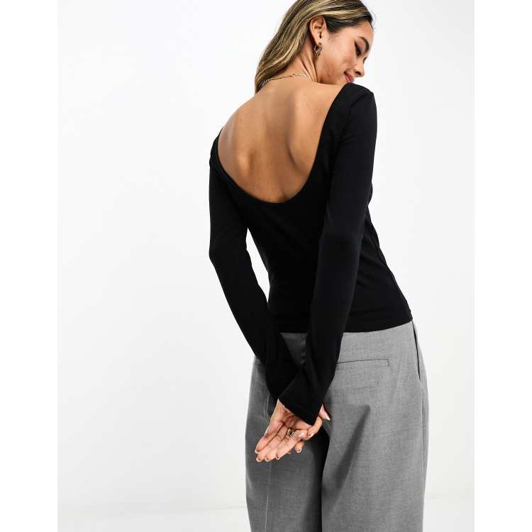 ASOS DESIGN scoop back long sleeve top in black