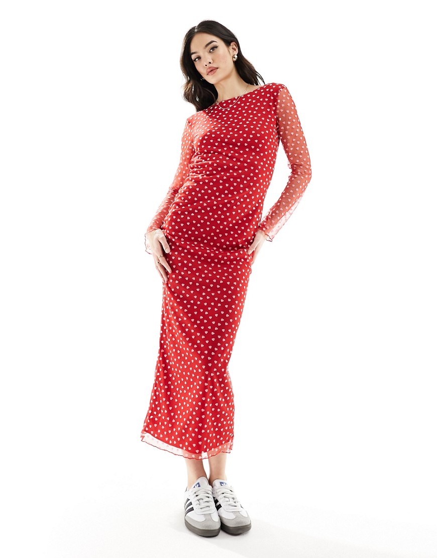 ASOS DESIGN scoop back maxi dress with flocked hearts in red
