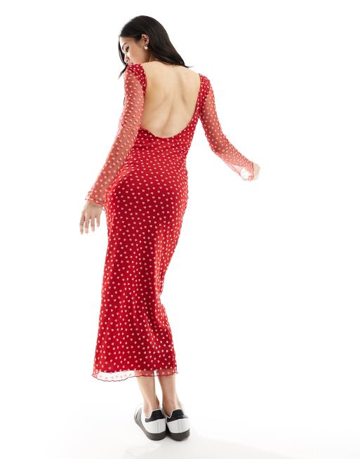 ASOS DESIGN scoop back maxi dress with flocked hearts in red, 2 of 4