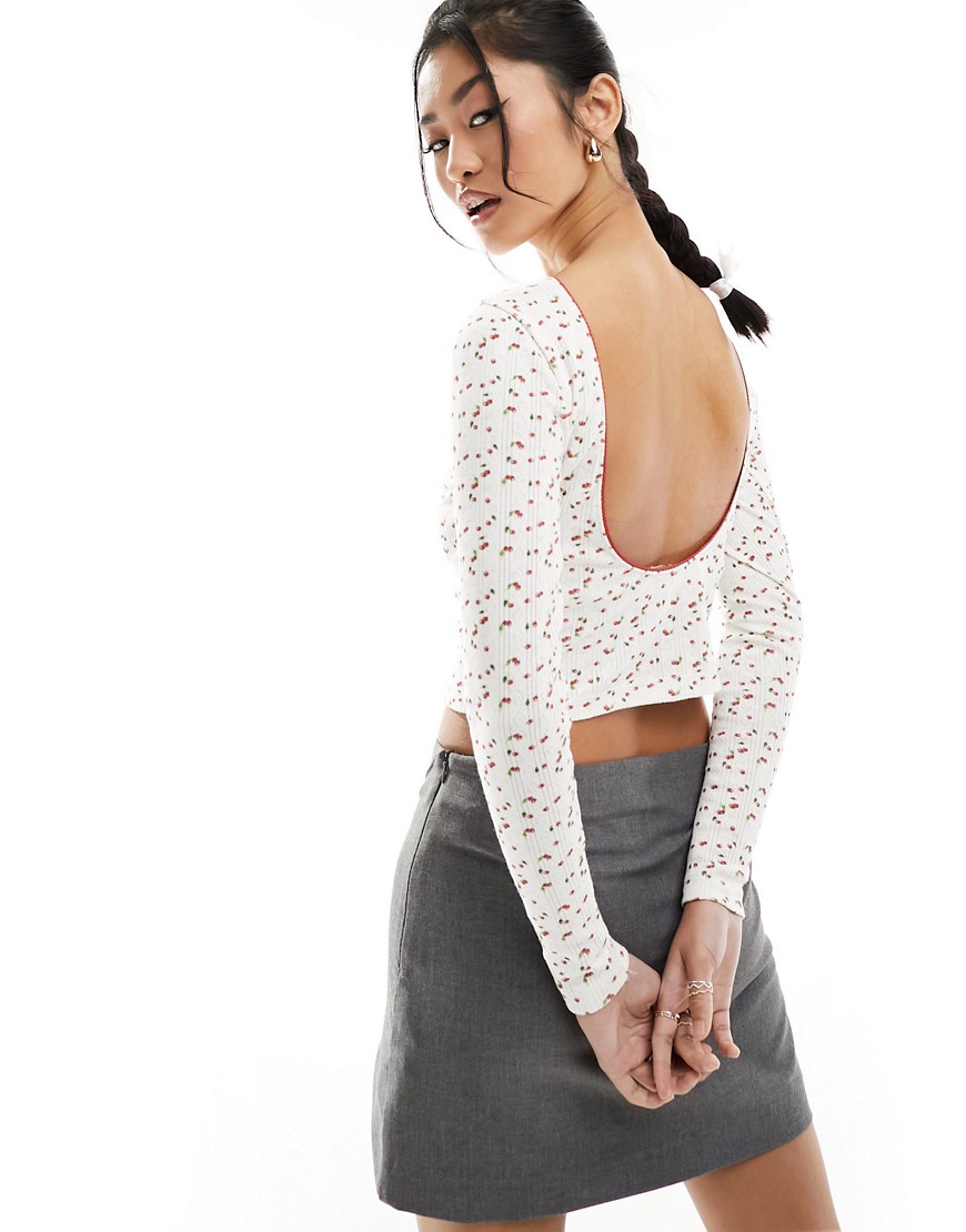 ASOS DESIGN scoop back pointelle top with cherry ditsy in ivory-Multi