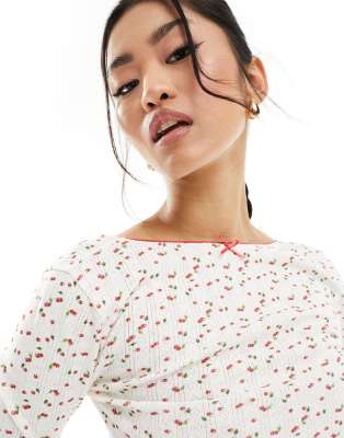 Asos Design Scoop Back Pointelle Top With Cherry Ditsy In Multi