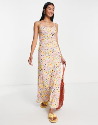 Asos Design Scoop Back Strappy Maxi Dress In Pale Blue Ditsy-multi