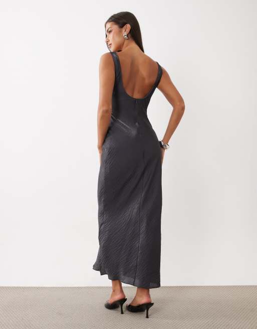 ASOS DESIGN scoop bias maxi dress in iridescent satin in gunmetal grey, 4 of 4
