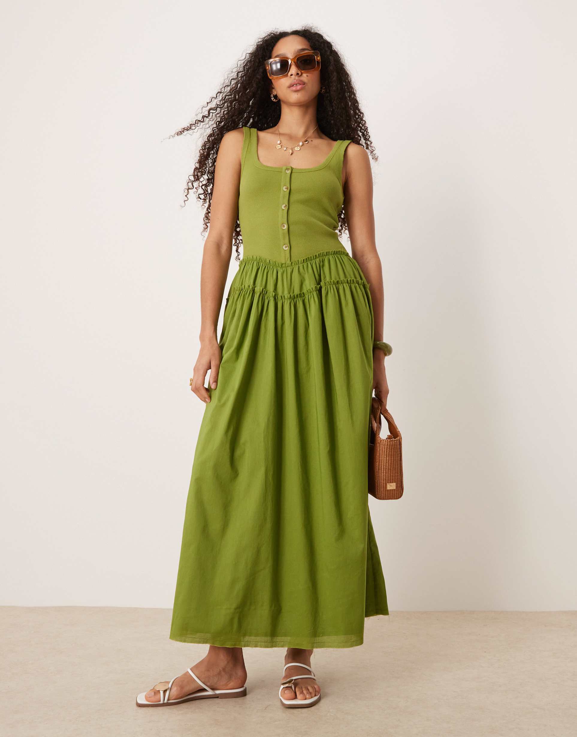asos design scoop button ribbed bodice with poplin skirt maxi dress in olive