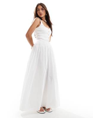scoop button ribbed bodice with poplin skirt maxi dress in white