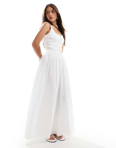 ASOS Design scoop button ribbed bodice with poplin skirt maxi in white - view 1
