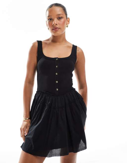ASOS Design scoop button ribbed bodice with poplin skirt