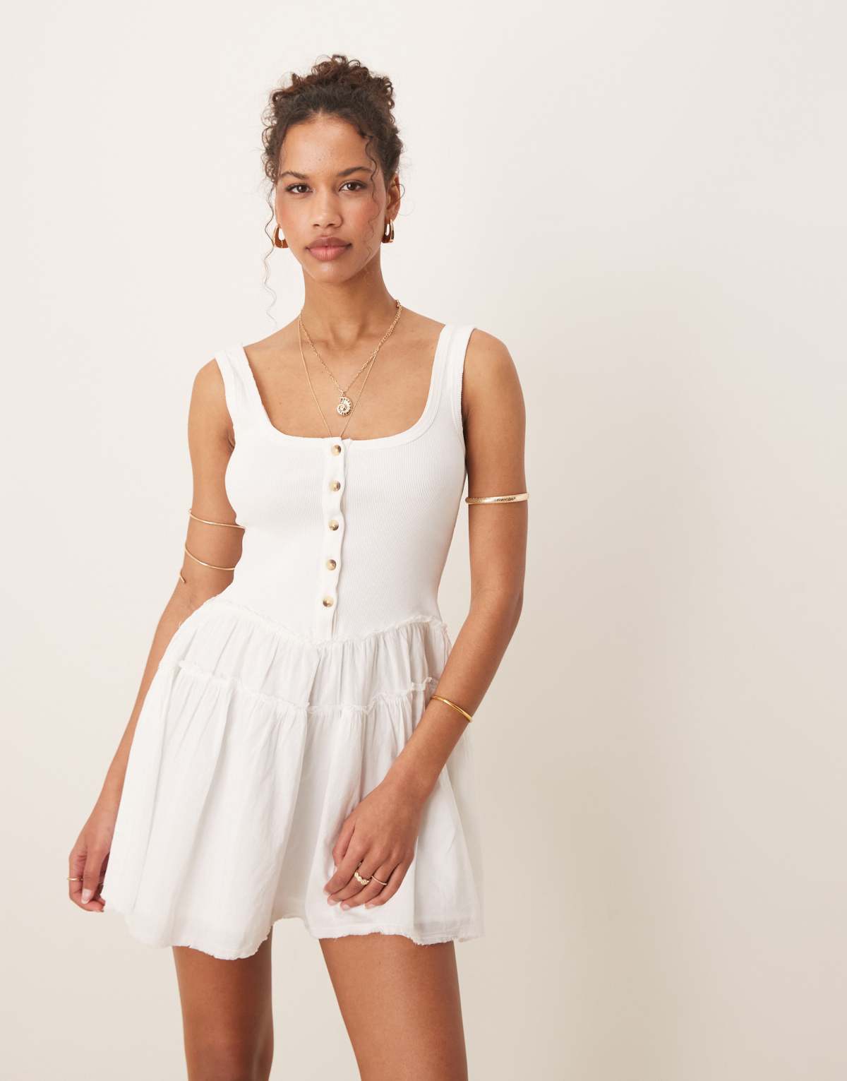 ASOS DESIGN scoop button&nbsp;ribbed bodice with poplin skirt mini dress in white
