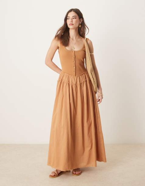 ASOS DESIGN scoop button ribbed bodice maxi dress with poplin skirt in rust - view 1