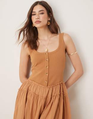 ASOS DESIGN scoop button ribbed bodice maxi dress with poplin skirt in rust