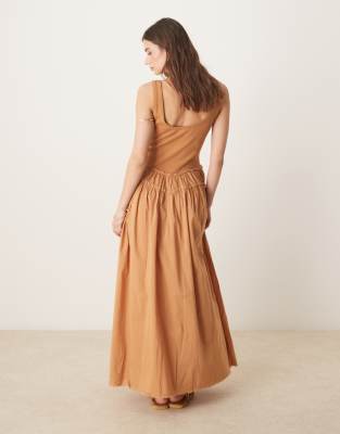 ASOS DESIGN scoop button ribbed bodice maxi dress with poplin skirt in rust