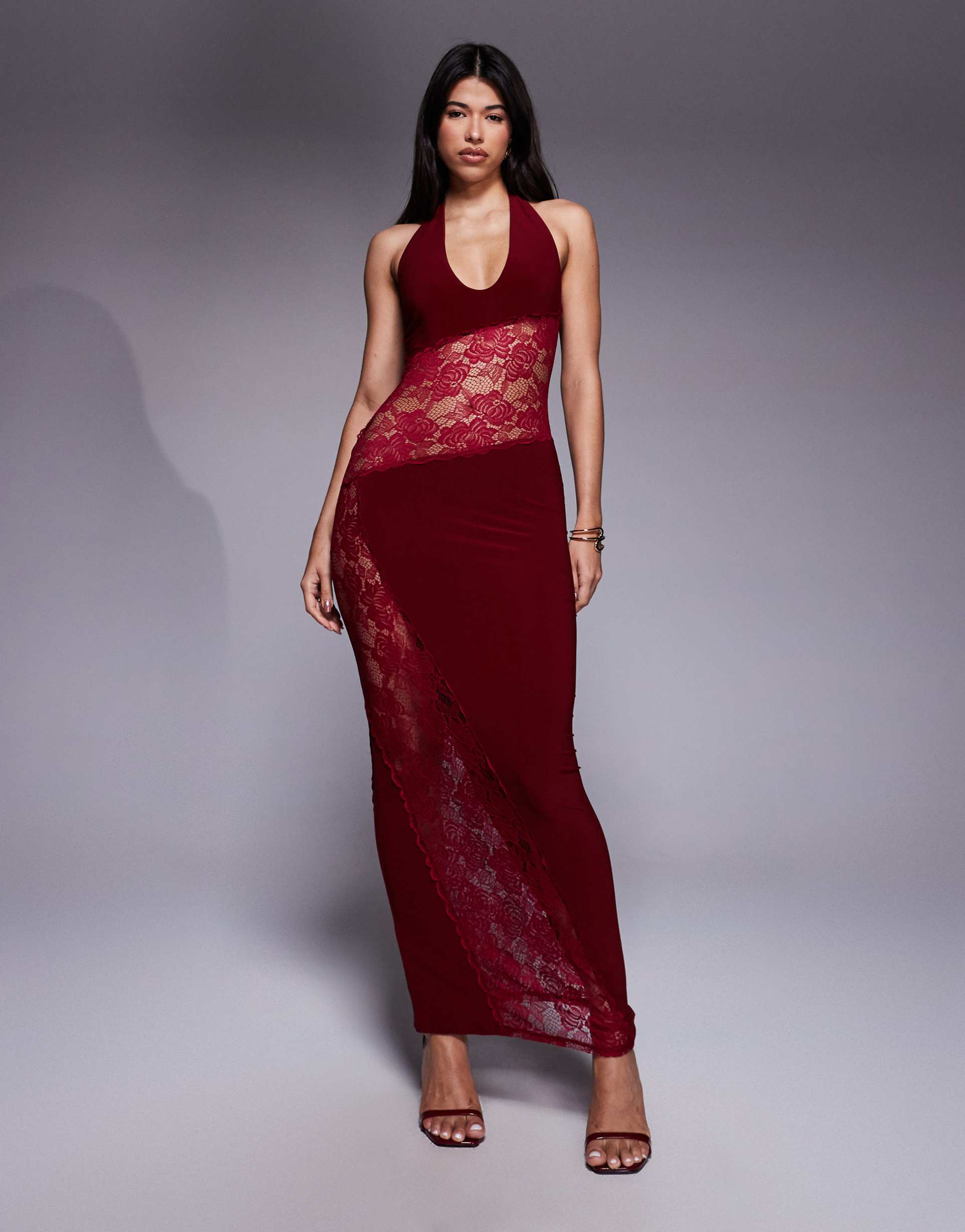 asos design scoop front lace insert maxi dress in dark cherry