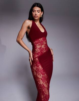 Asos Design Scoop Front Lace Insert Maxi Dress In Burgundy