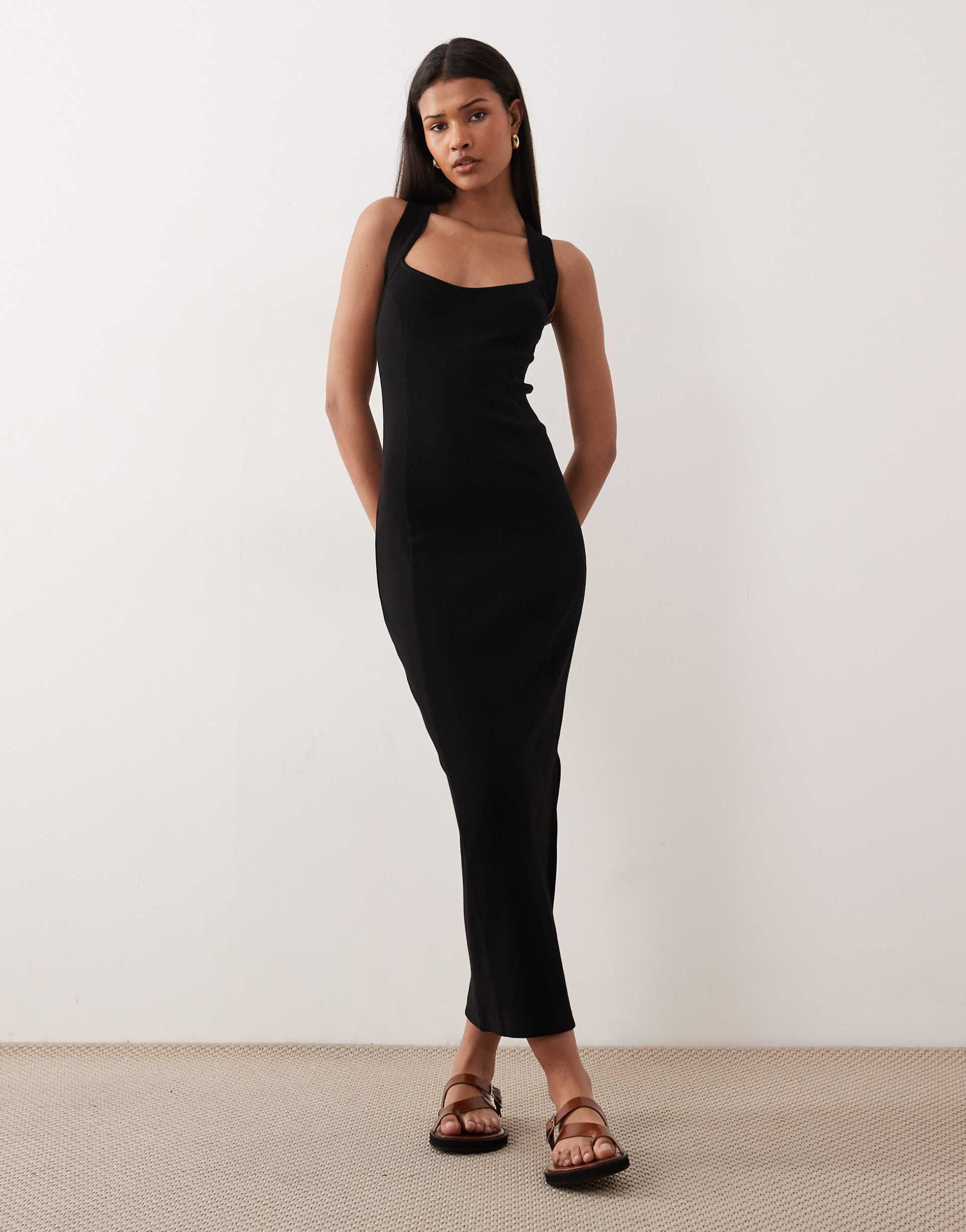 asos design scoop front racer seam detail midi dress in black