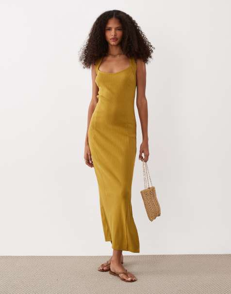 ASOS DESIGN scoop front racer seam detail midi dress in golden green - view 1