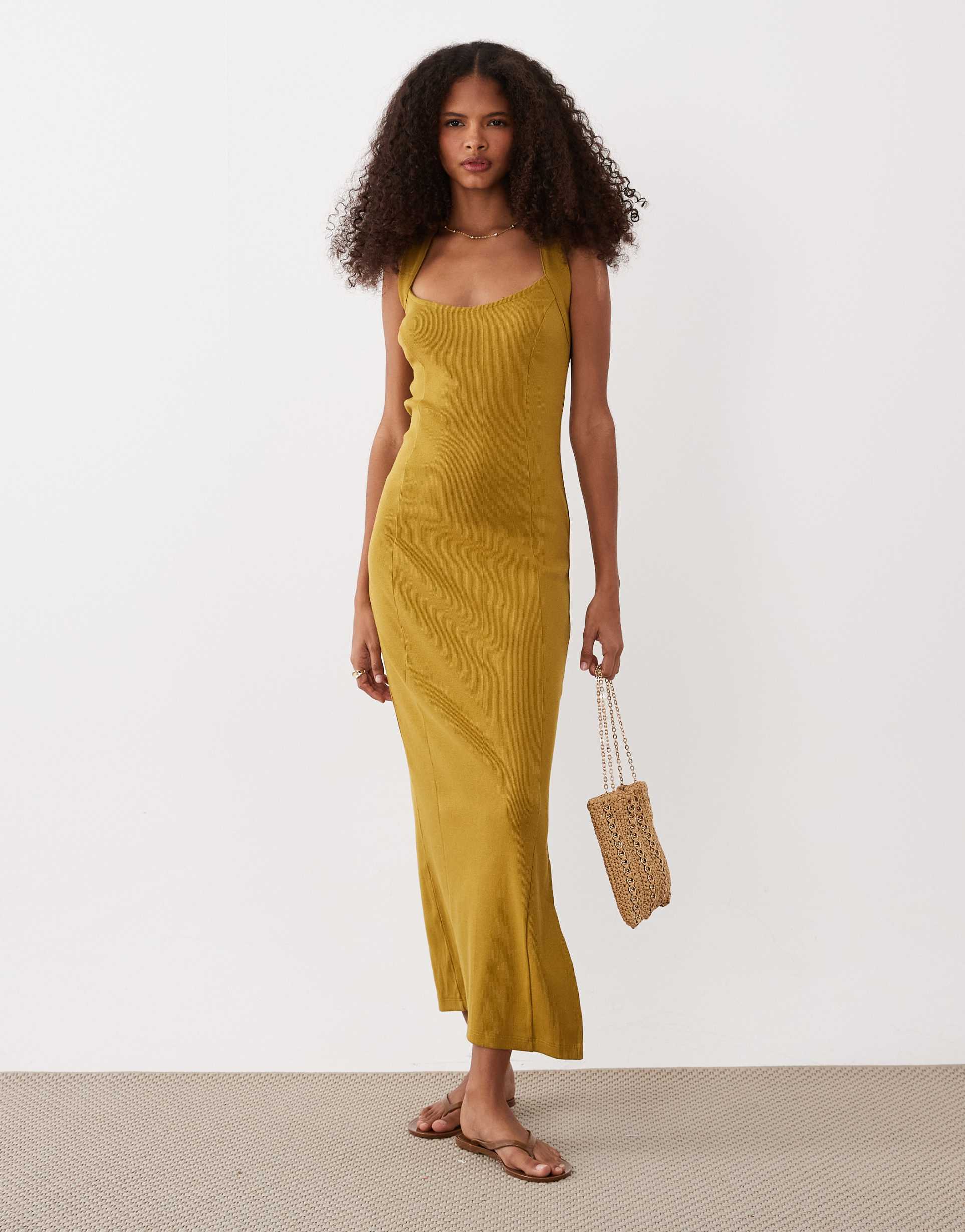 asos design scoop front racer seam detail midi dress in golden green
