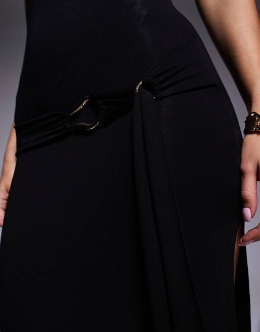 ASOS DESIGN scoop front ruched back belted maxi dress with hardware in black, 3 of 4