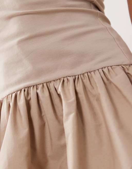 ASOS DESIGN scoop halter mini dress with cotton poplin skirt in stone, 3 of 4