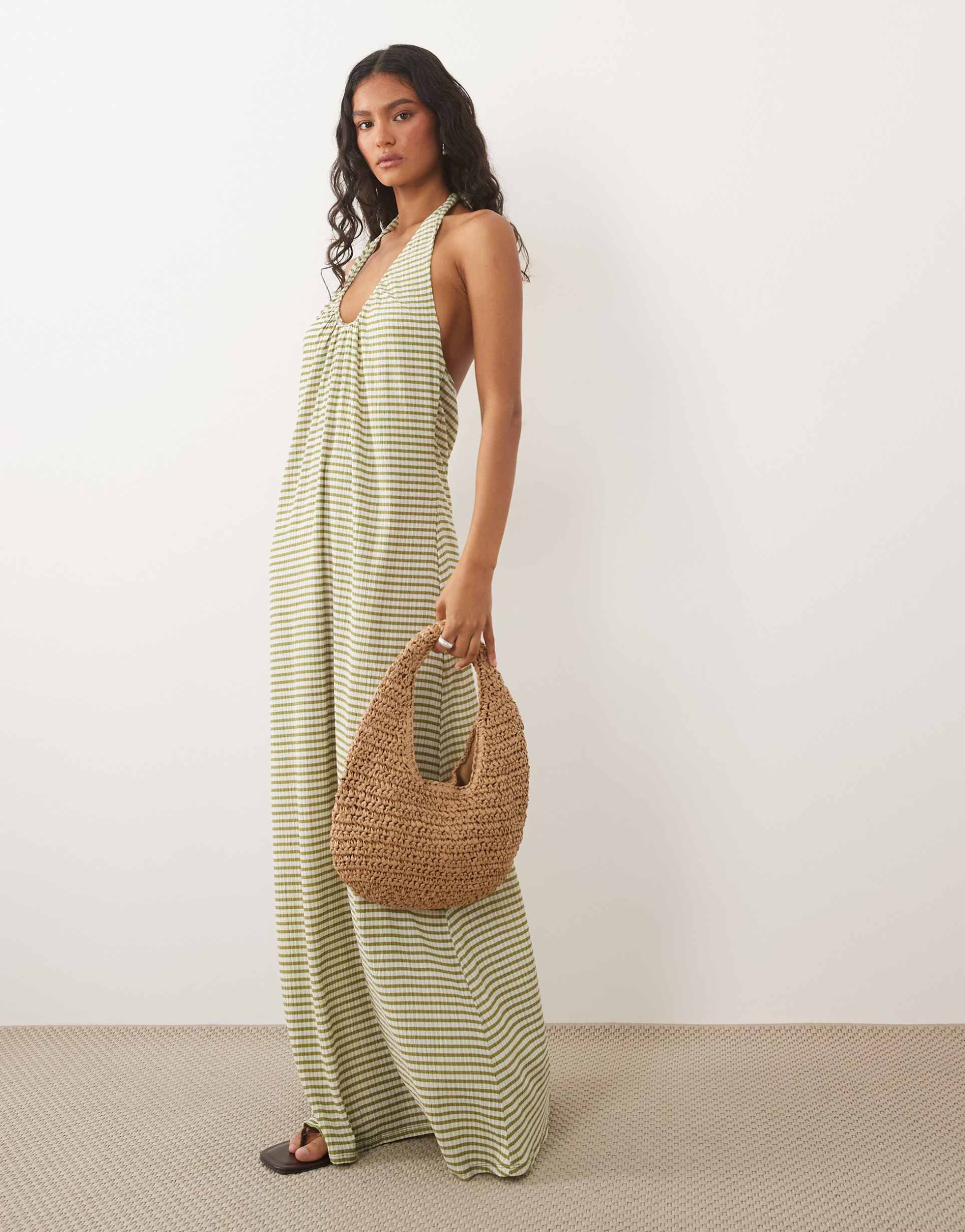 asos design scoop halterneck midi dress in olive and white gingham