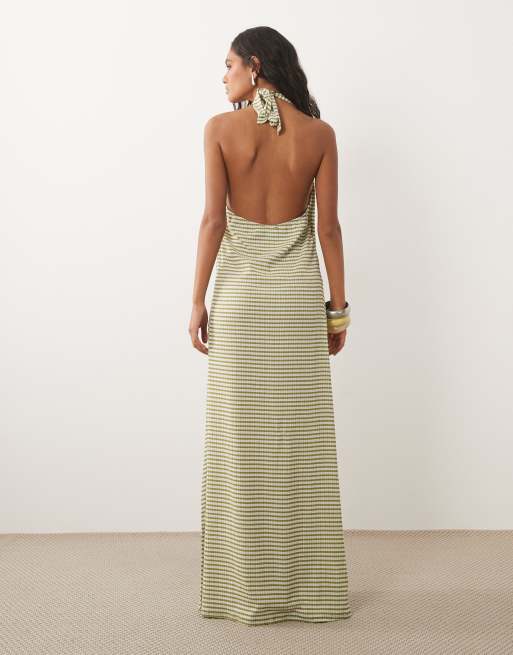 ASOS DESIGN scoop halterneck midi dress in olive and white gingham, 2 of 4