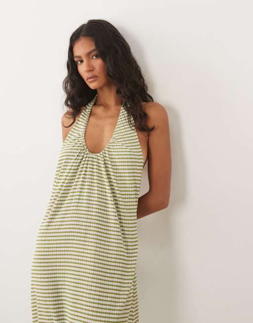 ASOS DESIGN scoop halterneck midi dress in olive and white gingham, 3 of 4