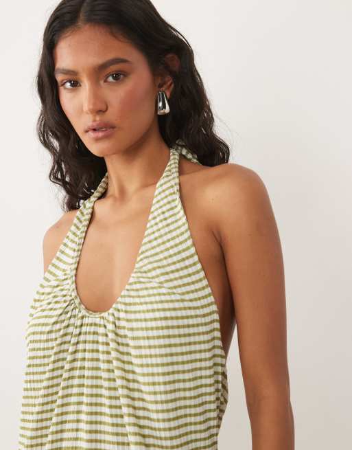 ASOS DESIGN scoop halterneck midi dress in olive and white gingham, 4 of 4