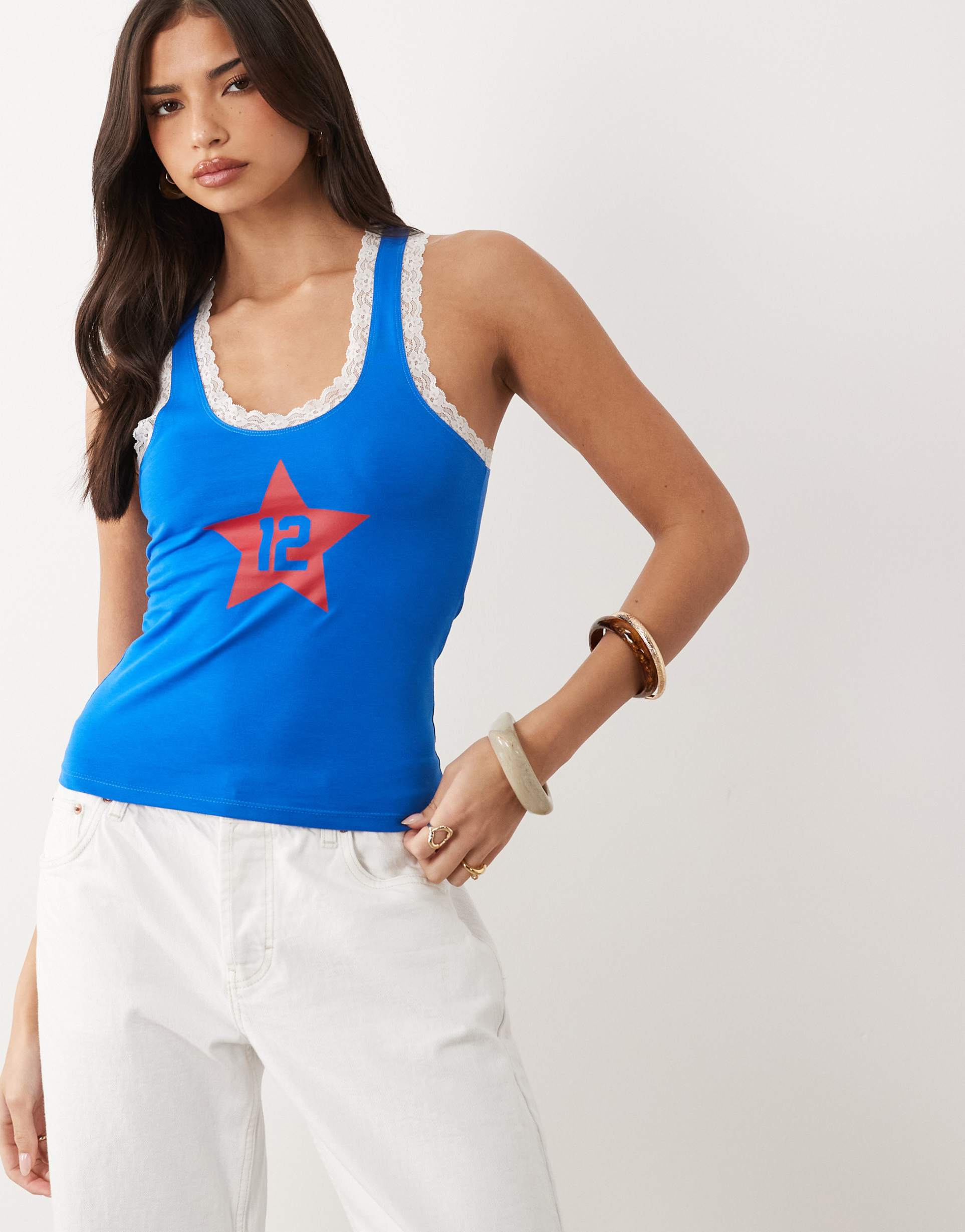 asos design scoop lace hem tank top with 12 graphic print in cobalt