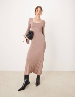 ASOS DESIGN scoop long bow detail fluted sleeve midi dress in beige-Brown