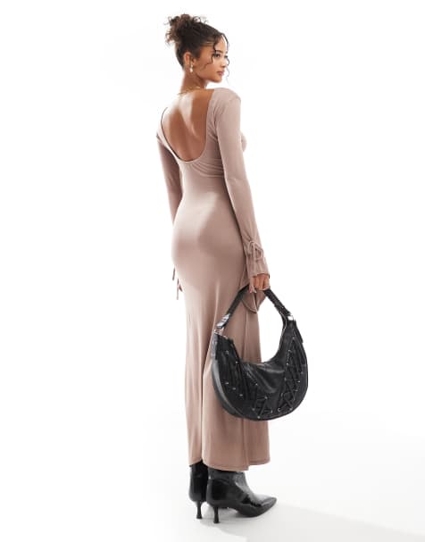 ASOS DESIGN scoop long bow detail fluted sleeve midi dress in beige - view 1