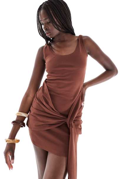 ASOS DESIGN scoop mini dress with drape tie in chocolate - view 1