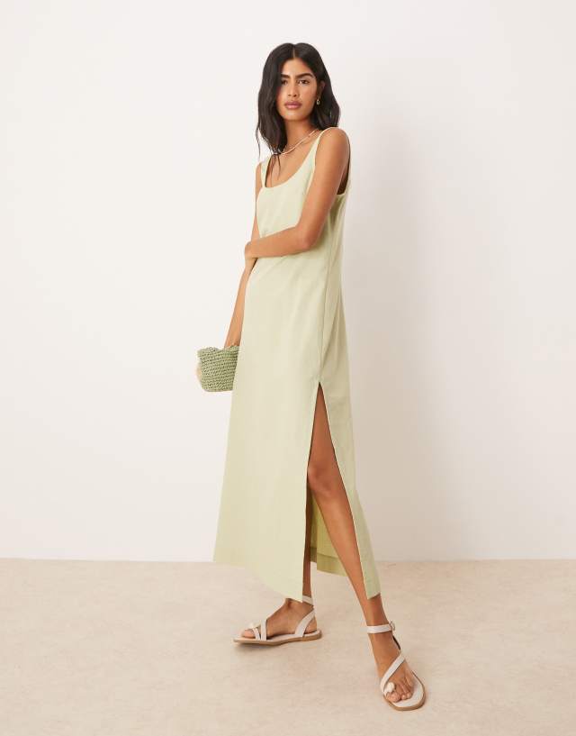 asos green linen dress DESIGN scoop neck and back cotton blend midi sundress in sage CRYSTAL-EMBELLISHMENTS