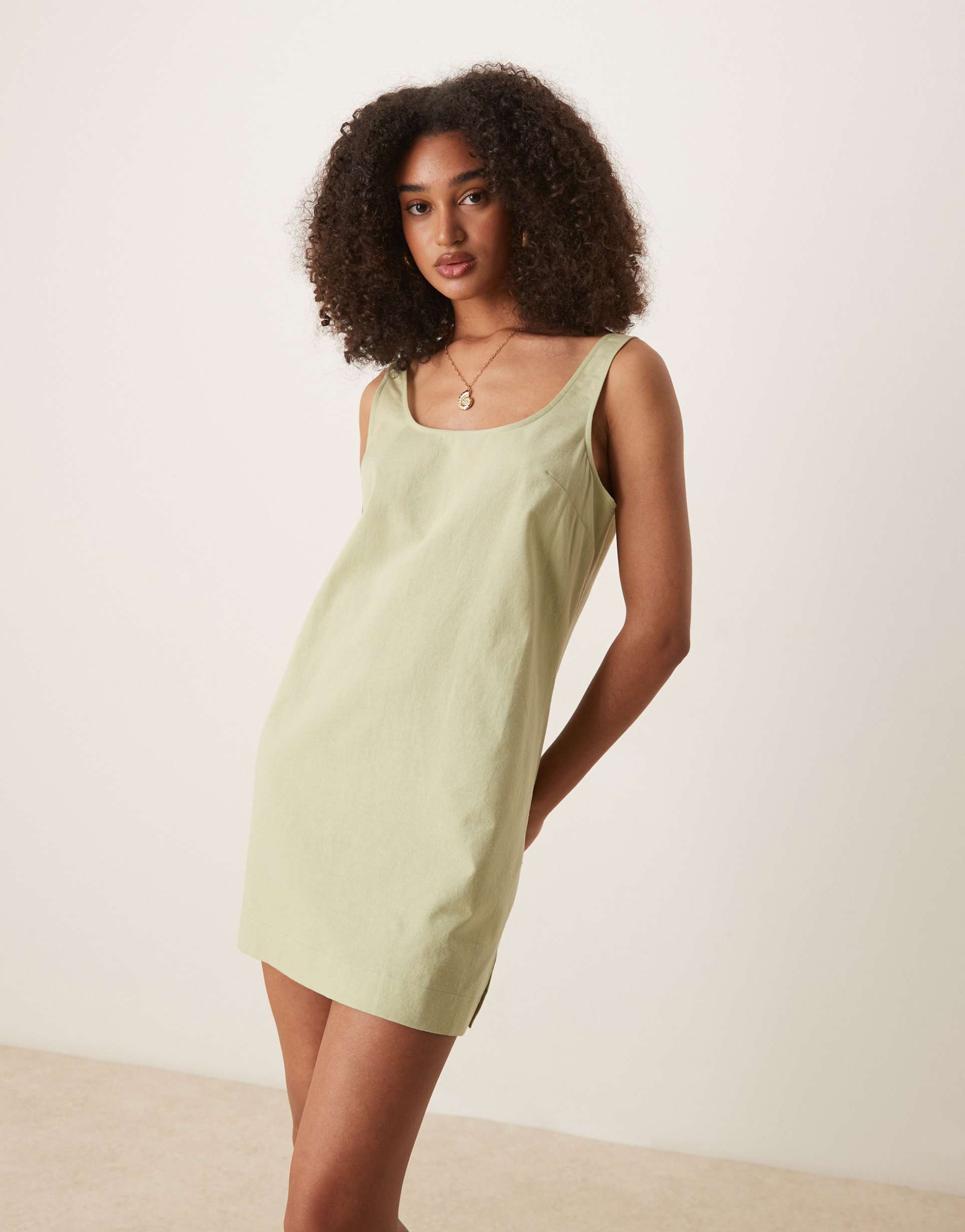 asos design scoop neck and back cotton linen blend mini sundress in sage