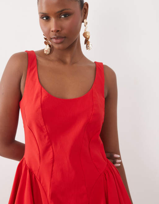 ASOS DESIGN scoop neck bengaline structured flippy mini dress in red, 3 of 4