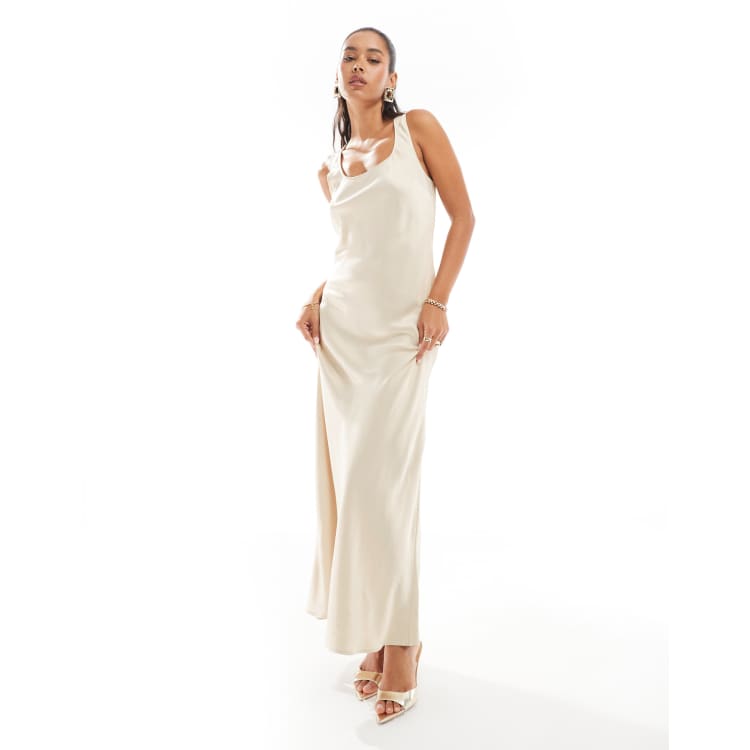asos design scoop back bias cut satin maxi dress ASOS DESIGN bias cut satin panelled maxi dress with asymmetric back in dark  green