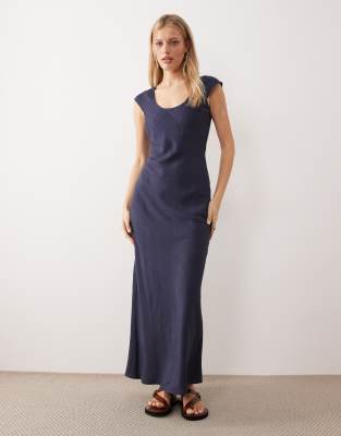 Asos Design Scoop Neck Bias Cut Maxi Dress In Blue