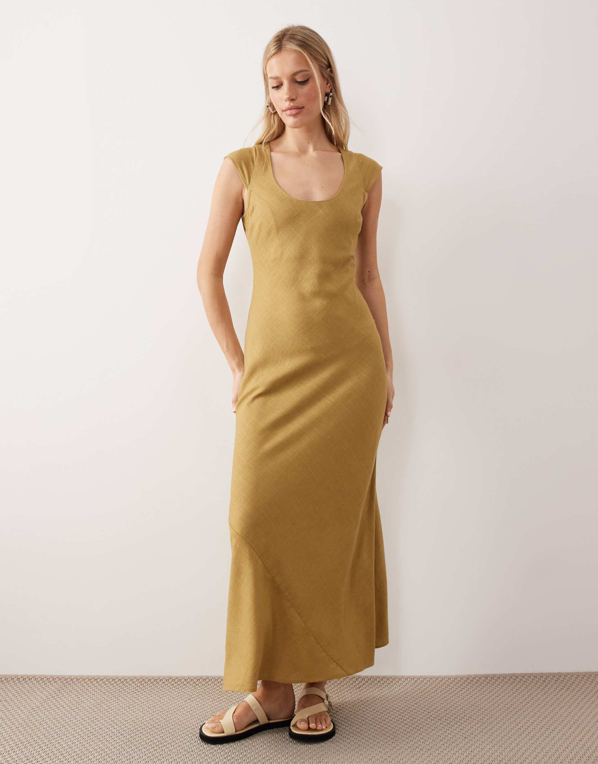 asos design scoop neck bias cut maxi dress in olive green