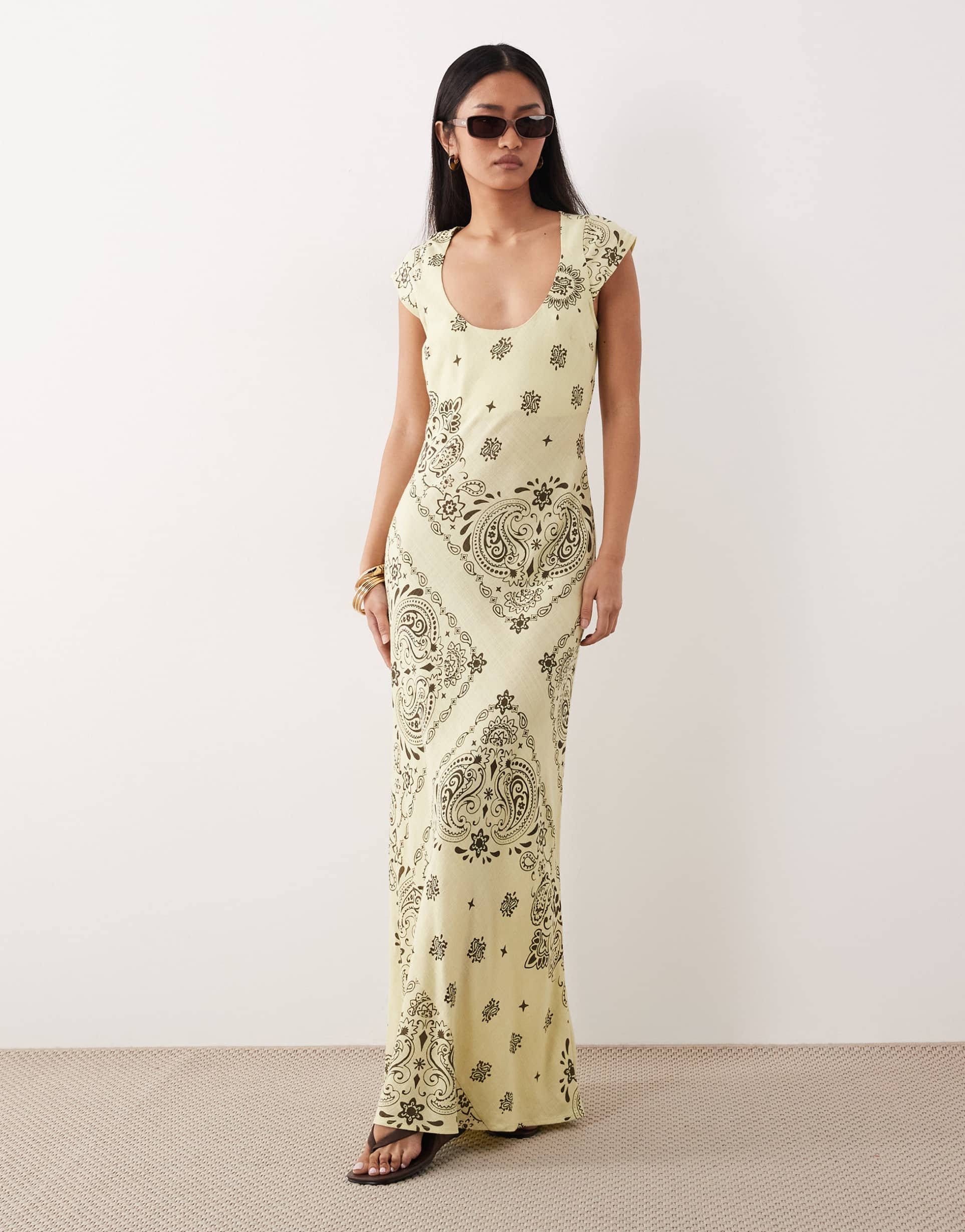 asos design scoop neck bias cut maxi dress in yellow bandana print