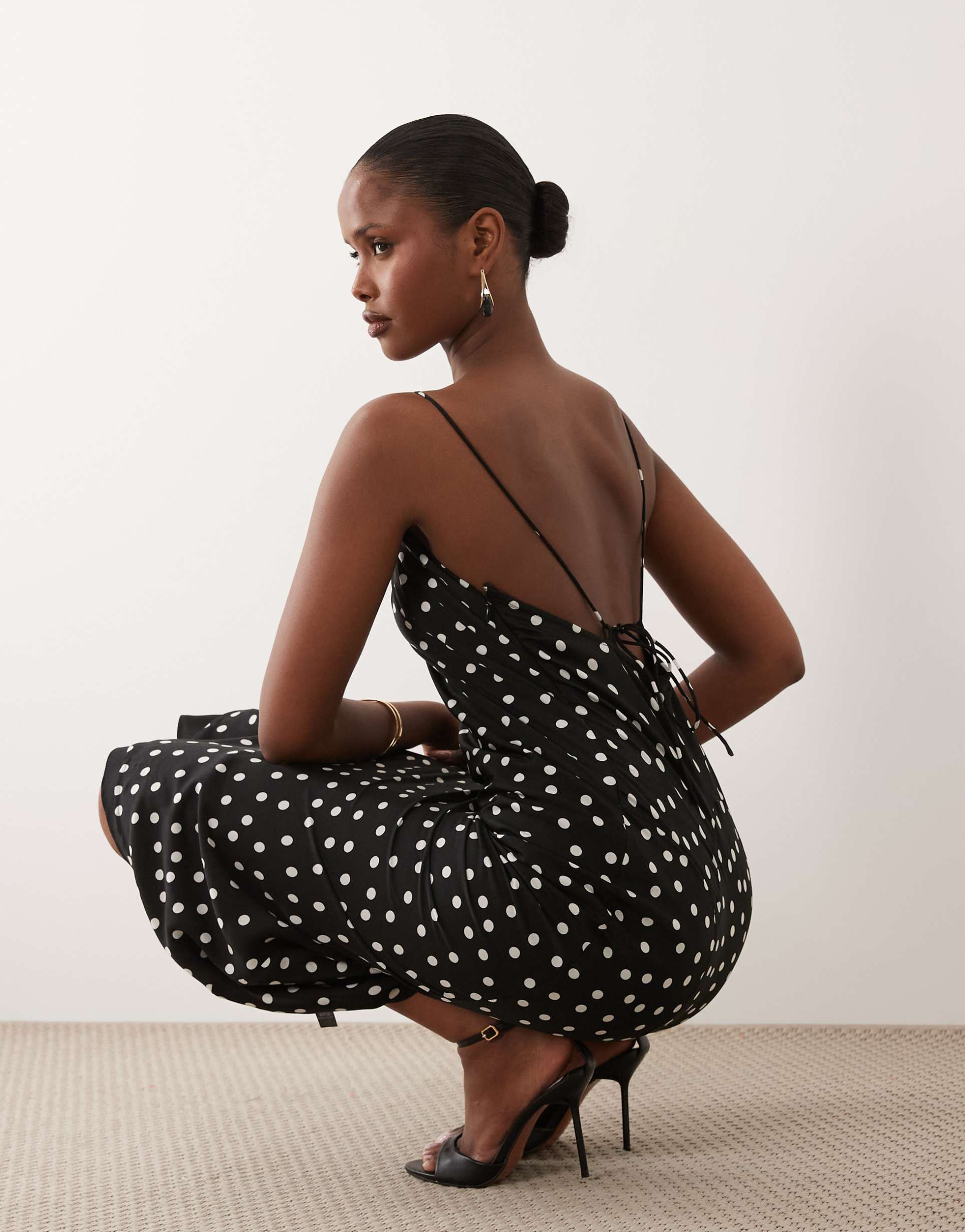 asos design scoop neck bias cut midaxi dress in mono spot