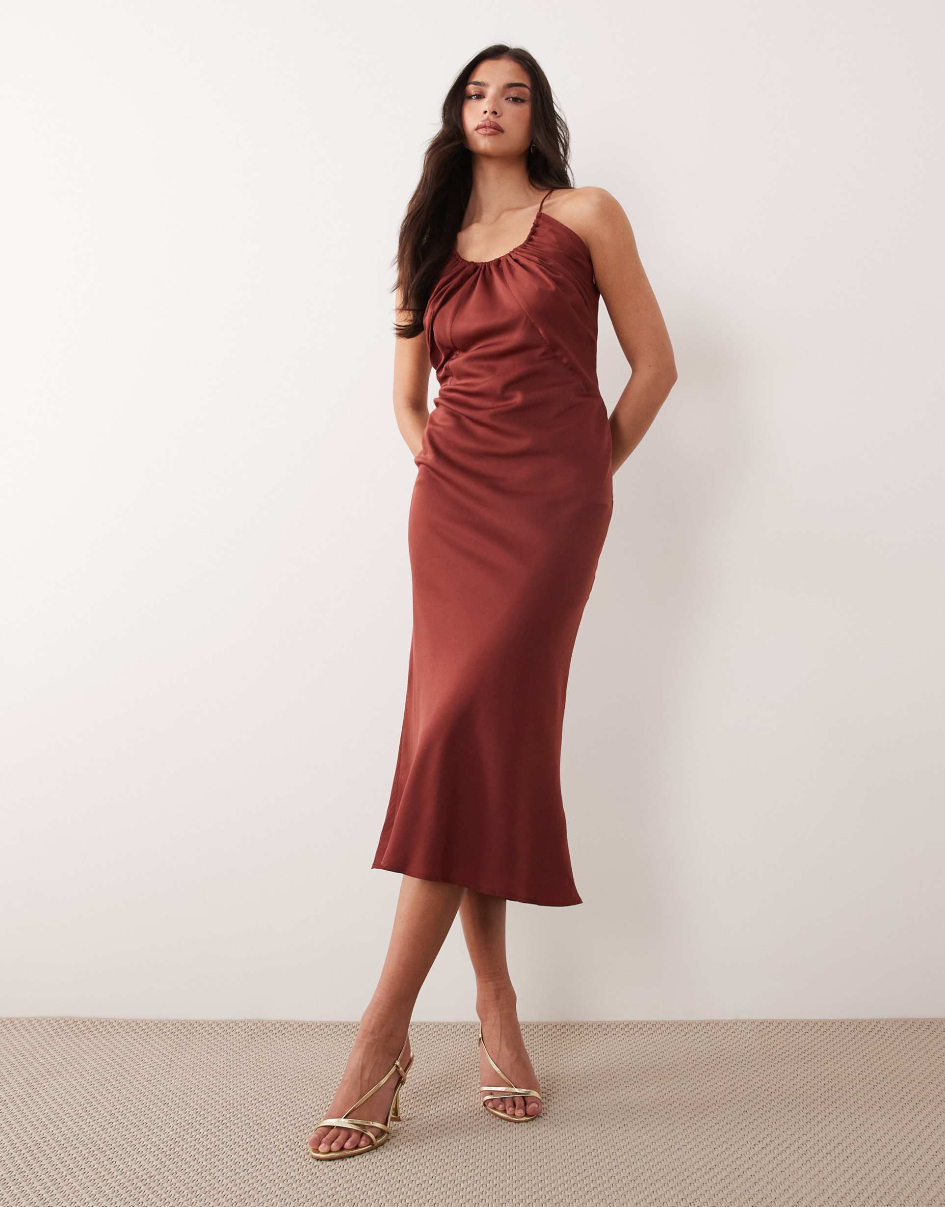 asos design scoop neck bias cut midaxi dress in rust