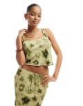 [ASOS DESIGN] ASOS DESIGN scoop neck bias cut top in green floral (part of a set)-Multi M Green floral