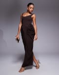 [ASOS DESIGN] ASOS DESIGN scoop neck bonded bodice maxi dress with draped skirt in chocolate-Brown 8 Chocolate
