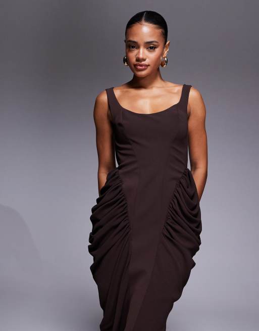 ASOS DESIGN scoop neck bonded bodice maxi dress with draped skirt in chocolate