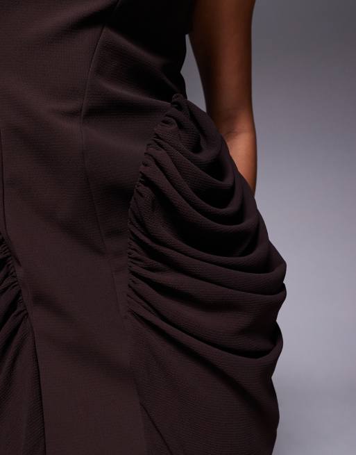 ASOS DESIGN scoop neck bonded bodice maxi dress with draped skirt in chocolate