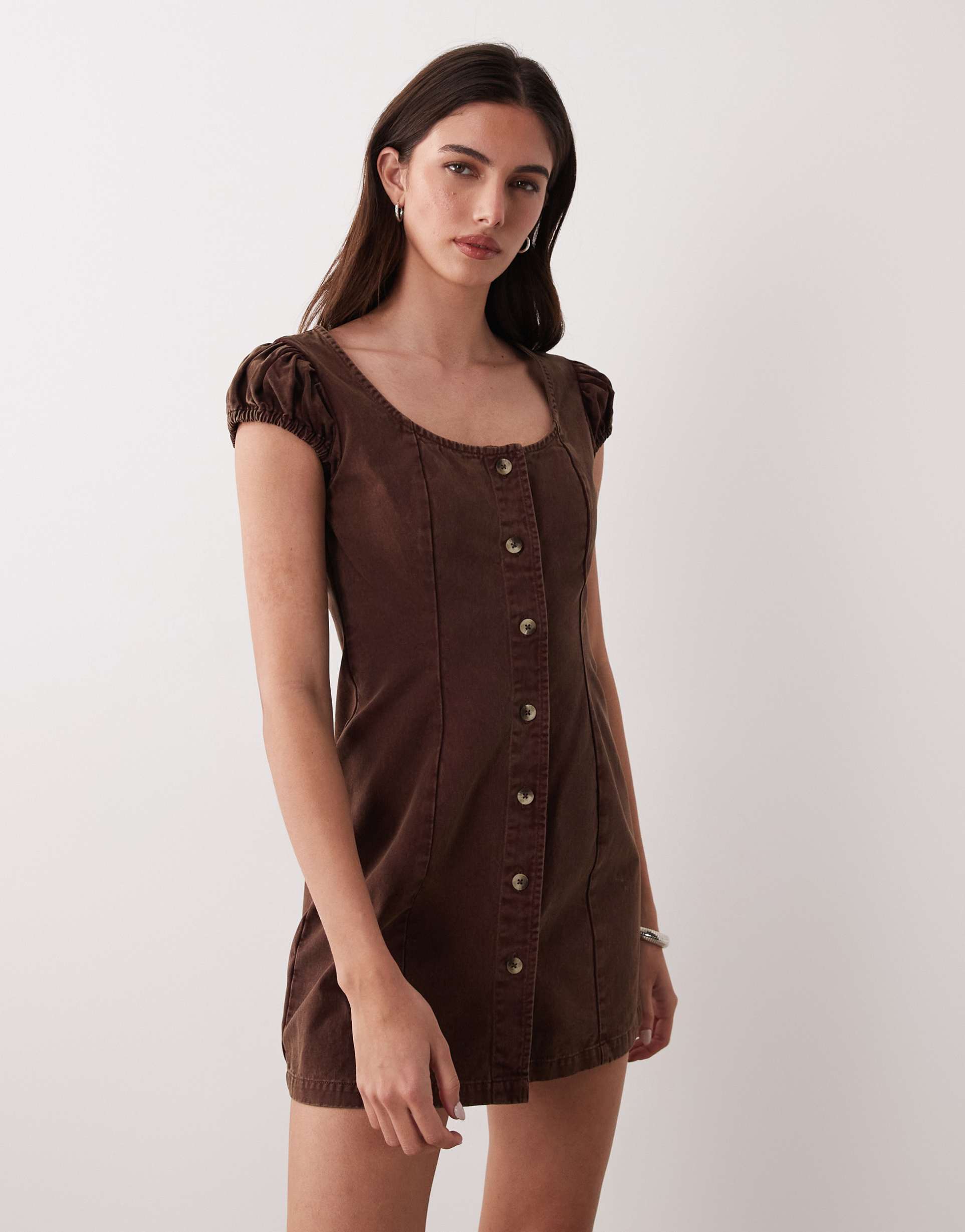 asos design scoop neck button down mini dress with cap sleeve in chocolate twill