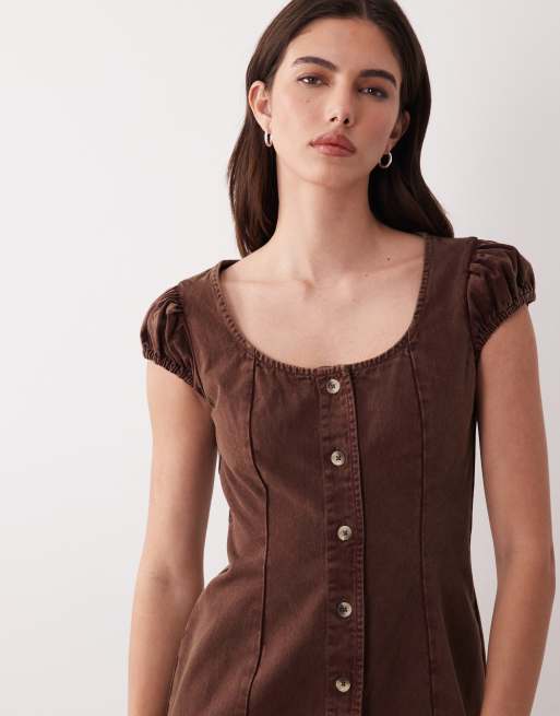 ASOS DESIGN scoop neck button down mini dress with cap sleeve in chocolate twill, 3 of 4