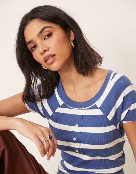 ASOS DESIGN scoop neck button front tee in blue stripe - view 1